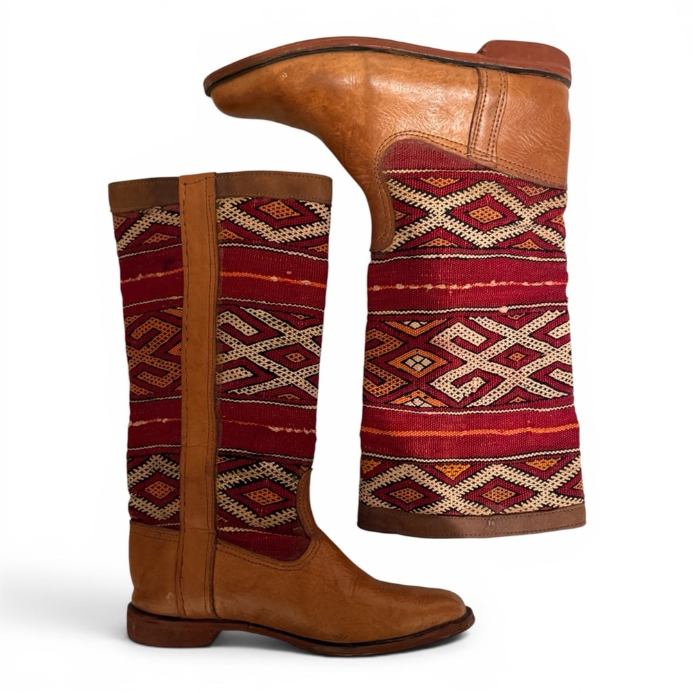 Vintage Kilim Moroccan Leather Boots Boho Southwestern Tribal Tall Size 8.5